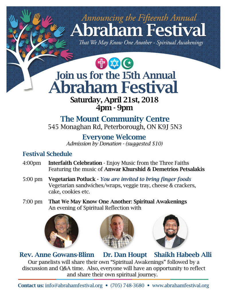Abraham Festival poster describing the event of April 21st from 4:00 - 9:00 p.m. to take place at the Mount Community Centre.